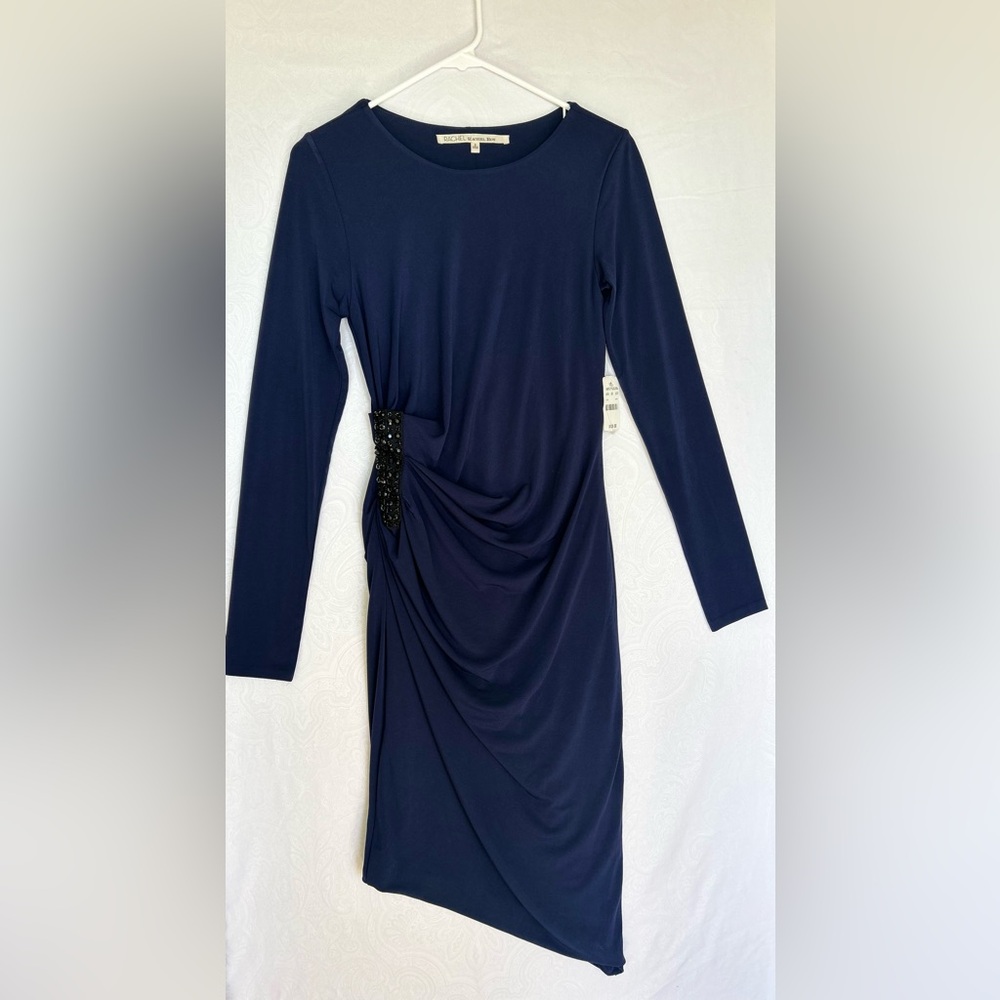 New RACHEL Rachel Roy Elegant Navy Blue Dress with Black Embellishments